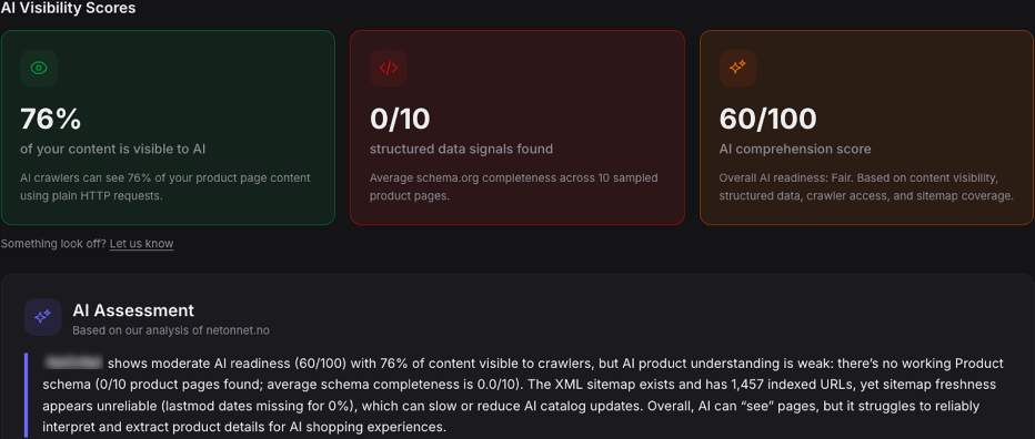 AI Readiness Scanner showing visibility scores and recommendations
